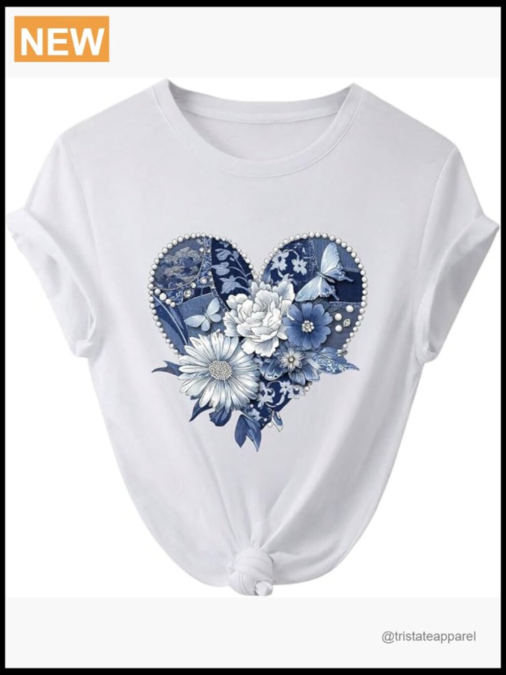 Women's Denim Heart Graphic Tee Short Sleeve T-Shirt Summer Cute Top